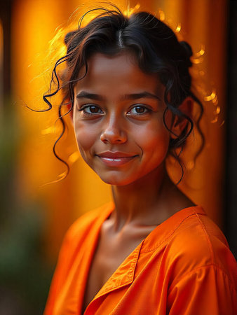 Close-up portrait of a black woman in an orange prison uniform in the evening sunの素材
