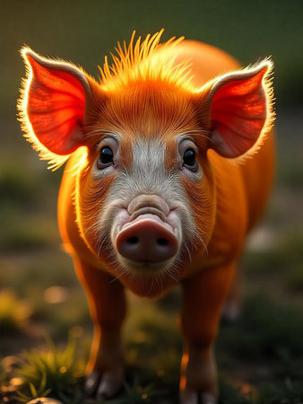 A cute orange piglet with big ears looking at the camera in a farm during a sunny dayの素材