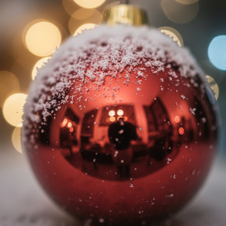 A close-up photograph of a glossy red Christmas ornament with snowflakes on topの素材