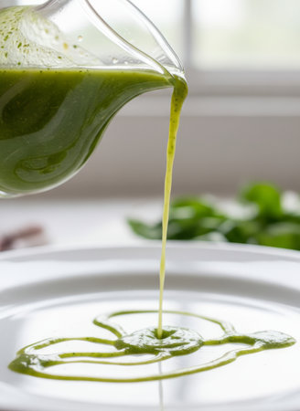 A close-up photograph of a glass pitcher pouring vibrant green spirulina smoothie onto a white plate, with a blurred green leafy backgroundの素材