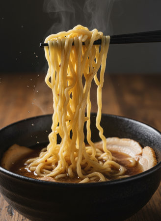 A close-up photograph of black ceramic bowl filled with steaming ramen, noodles hanging from chopsticks, and a background of darkの素材