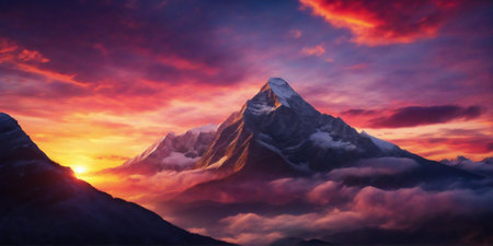 Amazing mountain landscape with colorful vivid sunset on the sky. ai generativeの素材