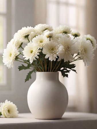 Bouquet of white chrysanthemums in a white ceramic vase of natural light, digital painting. ai generativeの素材