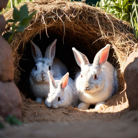 A family of rabbits nestled together in a cozy burrow. ai generativeの素材