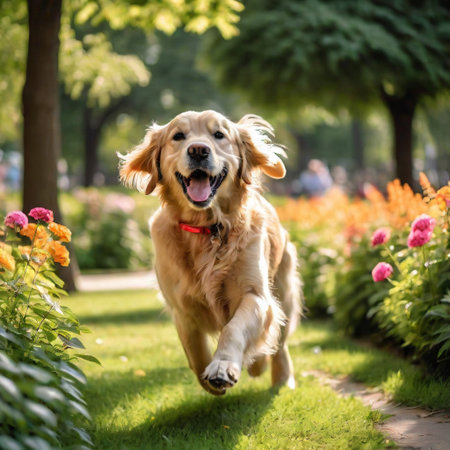 Visualize a happy golden retriever playing in a sunlit park. ai generativeの素材