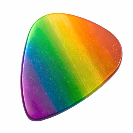 The rainbow-colored plastic reflects light in three dimensions and sparkles guitar pick with smooth finish, close-up, isolated on transparent backgroundの素材
