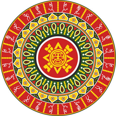 Vector colored round ornament of the Aztec Indians with figures of people. national decorationのイラスト素材
