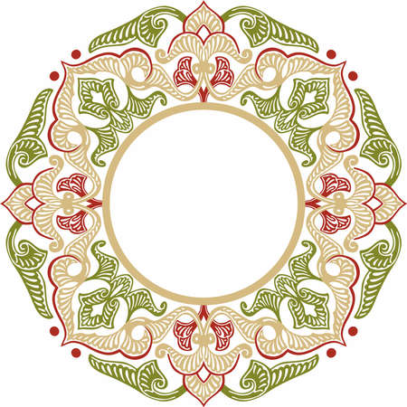 Vector colored round oriental ornament. Arabic patterned circle of Iran, Iraq, Turkey, Syria. Persian frame, border. Lacy carved snowflake.のイラスト素材