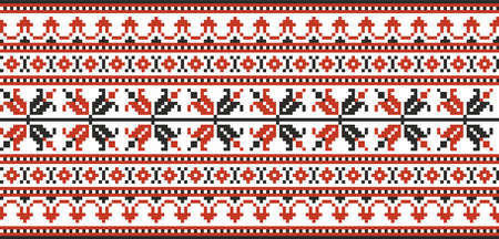 Vector colored seamless Ukrainian national ornament, embroidery. Endless ethnic floral border, Slavic peoples frame. Red cross stitch.のイラスト素材