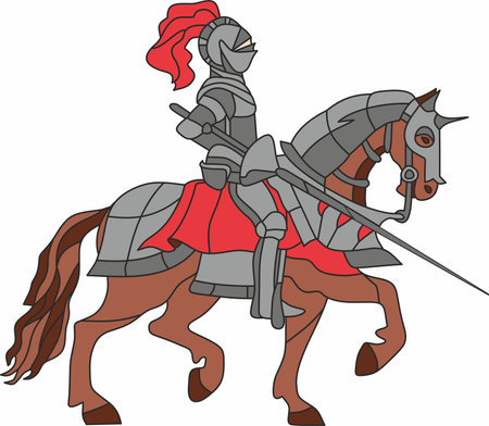 Vector template for stained glass gray knight in armor on a brown horse with a spear and a red capeのイラスト素材