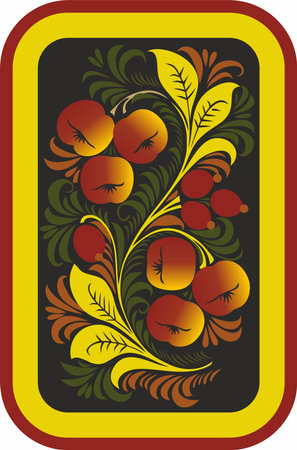 Vector russian folk pattern khokhloma with green leaves, red berries and apples on a black background painting dishes plates trays.のイラスト素材