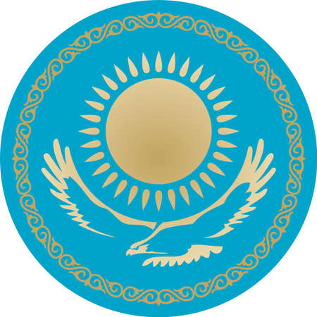 Vector blue Kazakh national round ornament sun and golden eagle. Ethnic circle, nomadic peoples of the great steppe. Flag of the Republic of Kazakhstan.のイラスト素材