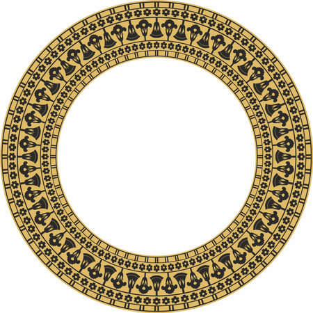Vector golden round ornament of ancient Egypt. Circle Border, frame in pyramidsのイラスト素材