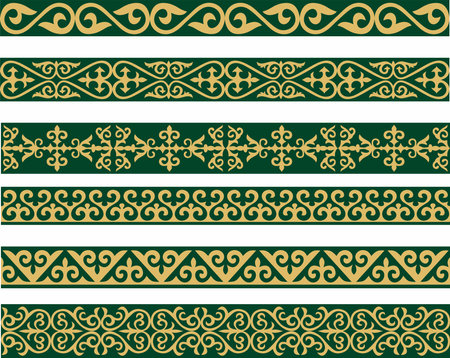 Set of vector gold and green seamless Kazakh national ornament. Ethnic pattern of the nomadic peoples of the great steppe, the Turks. Border, frame Mongols, Kyrgyz, Buryats, Kalmyks.のイラスト素材
