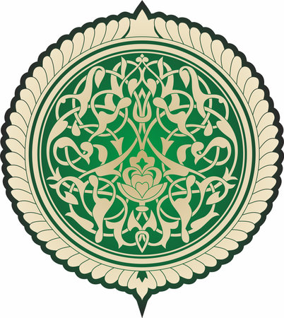 Vector gold round Arabic ornament. Muslim green patterned medallion.のイラスト素材