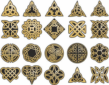 Vector set of gold and black celtic knots. Ornament of ancient European peoples. The sign and symbol of the Irish, Scots, Britons, Franks.のイラスト素材