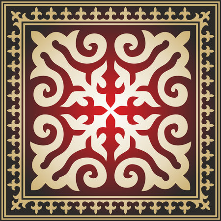 Vector red with gold Square Kazakh national ornament. Ethnic pattern of the peoples of the Great Steppe, Mongols, Kyrgyz, Kalmyks, Buryats.のイラスト素材