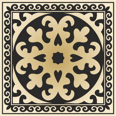 Vector golden with black Square Kazakh national ornament. Ethnic pattern of the peoples of the Great Steppe, Mongols, Kyrgyz, Kalmyks, Buryats.のイラスト素材