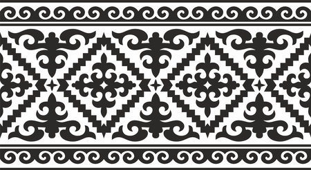 Vector black monochrome seamless Kazakh national ornament. Ethnic endless pattern of the peoples of the Great Steppe, Mongols, Kyrgyz, Kalmyks, Buryats. frame border.のイラスト素材