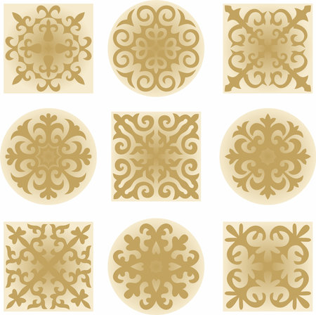 Vector set ofgolden signs Kazakh national ornament. Ethnic pattern of the peoples of the Great Steppe, Mongols, Kyrgyz, Kalmyks, Buryats. circle, frame border.のイラスト素材