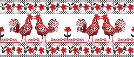 Vector seamless Ukrainian national pattern. Slavic embroidery with roosters and flowers. Border, border, frameのイラスト素材