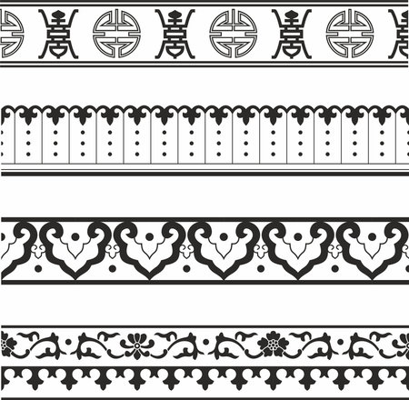 Vector set of monochrome Chinese national ornaments, borders. Asian seamless patternのイラスト素材
