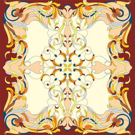 Vector square burgundy pattern for ceiling stained glass. Classic pattern for interior decoration. European ornament.のイラスト素材