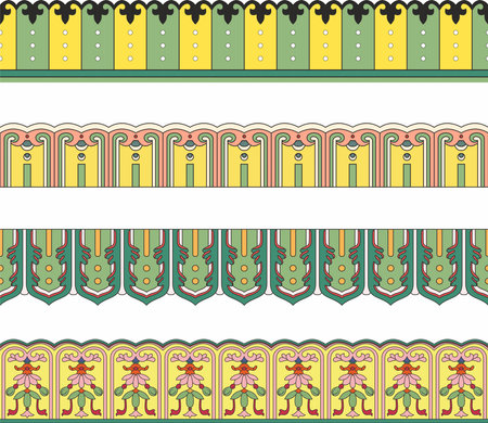 Vector color set of seamless Chinese national borders. Endless ethnic ornaments of the peoples of the East, China, Hong Kong, Taiwan, Korea, Malaysia, Singapore, Vietnam.のイラスト素材