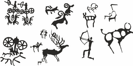 Vector set of petroglyphs of Kazakhstan. Ancient rock carvings in stone. Scythians, nomads of the steppe.のイラスト素材