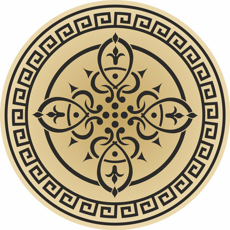 Vector round gold european pattern. Greek meander pattern. Circle with abstract floral roman ornament and border.のイラスト素材