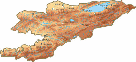 Vector physical map of Kyrgyzstan with borders of regions, mountains, lakes and rivers. Administrative division of the state. Issyk-Kul lake.のイラスト素材