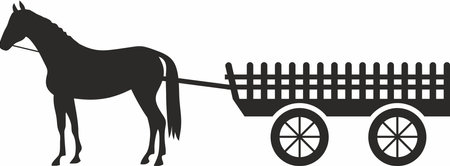 Vector monochrome silhouette of a horse with a cart. The shadow of a harnessed animal.のイラスト素材