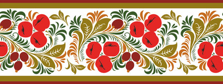 Vector seamless Russian national ornament Khokhloma. Colored endless border of Slavic peoples....