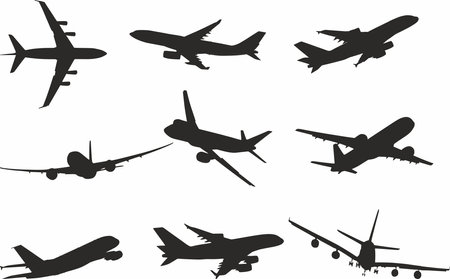 Vector set of passenger aircraft silhouettes. Shadows of iron birds, airplanes, air liners.のイラスト素材
