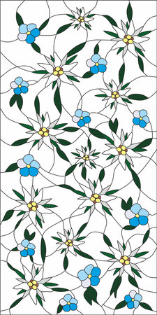 Vector template for stained glass Edelweiss and forget-me-nots. Mountain flowers, blue plants for glass painting. Pattern for window, door and ceiling.のイラスト素材