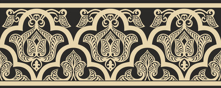 Vector golden seamless oriental national ornament. Endless ethnic floral border, arab peoples frame. Persian painting.のイラスト素材