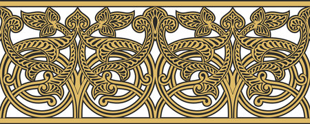 Vector golden seamless oriental national ornament. Endless ethnic floral border, arab peoples frame. Persian painting.のイラスト素材