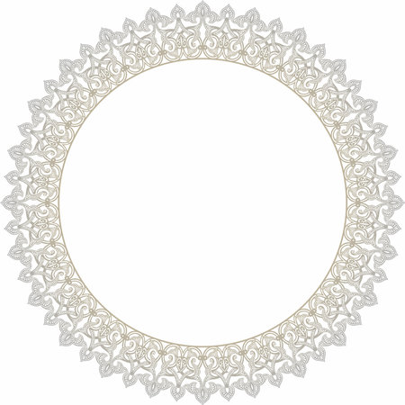 Vector gray round oriental ornament. Arabic patterned circle of Iran, Iraq, Turkey, Syria. Persian frame, border. Lacy carved snowflake.のイラスト素材