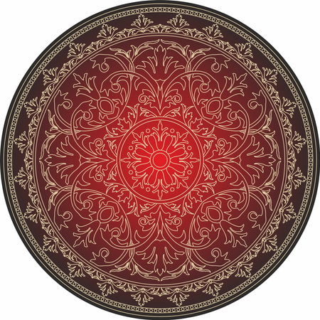Vector classic colored round ornament. Red pattern in a circle. Drawing of Greece and Ancient Rome. flower drawing.のイラスト素材