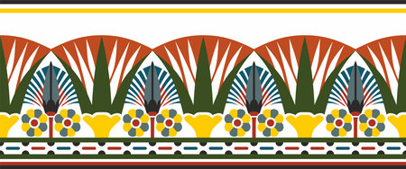 Vector colorful seamless Egyptian border. Endless ornament of Ancient Africa. Pattern of lotus flowers and sun.のイラスト素材