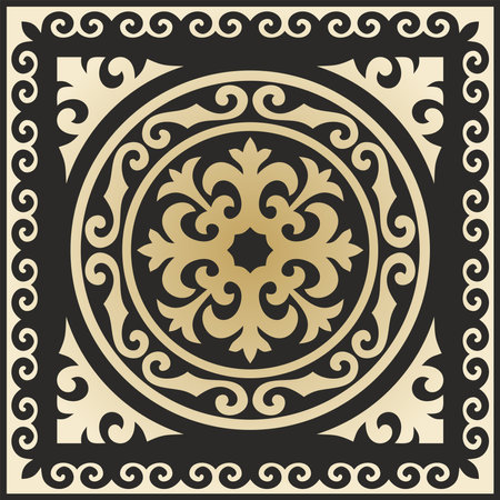Vector golden with black Square Kazakh national ornament. Ethnic pattern of the peoples of the Great Steppe, Mongols, Kyrgyz, Kalmyks, Buryats.のイラスト素材