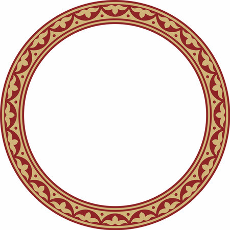 Vector red and gold round Kazakh national ornament. Ethnic pattern of the peoples of the Great Steppe, Mongols, Kyrgyz, Kalmyks, Buryats. circle, frame border.のイラスト素材