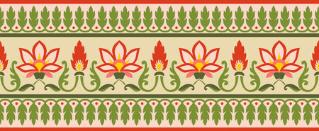 Vector seamless colorful Indian national ornament. Ethnic endless plant border. flowers frame. Poppies and leaves.のイラスト素材