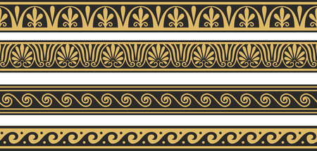 Set of vector seamless greek classic ornament. Pattern for a border and a frame. Ancient Greece and the Roman Empire. Endless golden with black meander.のイラスト素材