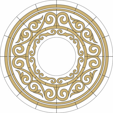 Vector gold stained glass window, Kazakh ornament. Drawing of nomads on glass. Template for a round ceiling with a chandelier in the middle.のイラスト素材