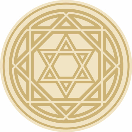 Vector round golden jewish national ornament. Star of David. Semitic folk circle, pattern. Israeli ethnic sign, ring.のイラスト素材