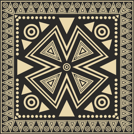Vector black and gold native american folk ornament. Square pattern, scarf of the peoples of America, Aztec, Incas, Mayaのイラスト素材