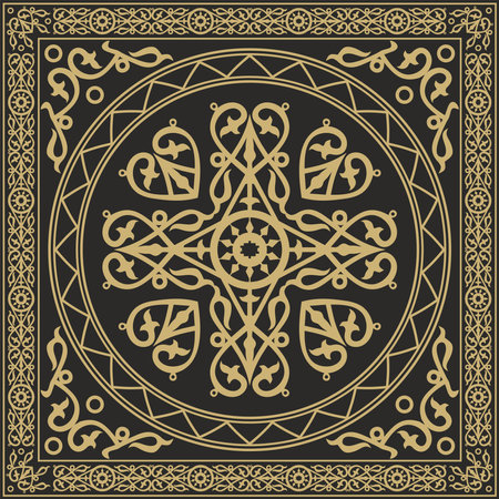 Vector golden and black square Yakut ornament. An endless rectangular border, a frame of the northern peoples of the Far East.のイラスト素材