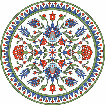 Vector colored round Turkish ornament. Ottoman circle, ring, frame. Muslim pattern for stained glass.のイラスト素材