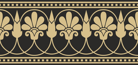 Vector gold and black seamless classic Greek meander ornament. Pattern of ancient Greece. Border, frame of the Roman Empire.のイラスト素材